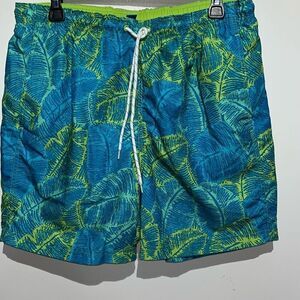 BOCA Classics Men's Blue Green Tropical Drawstring Mesh Lined Swim Trunks Medium
